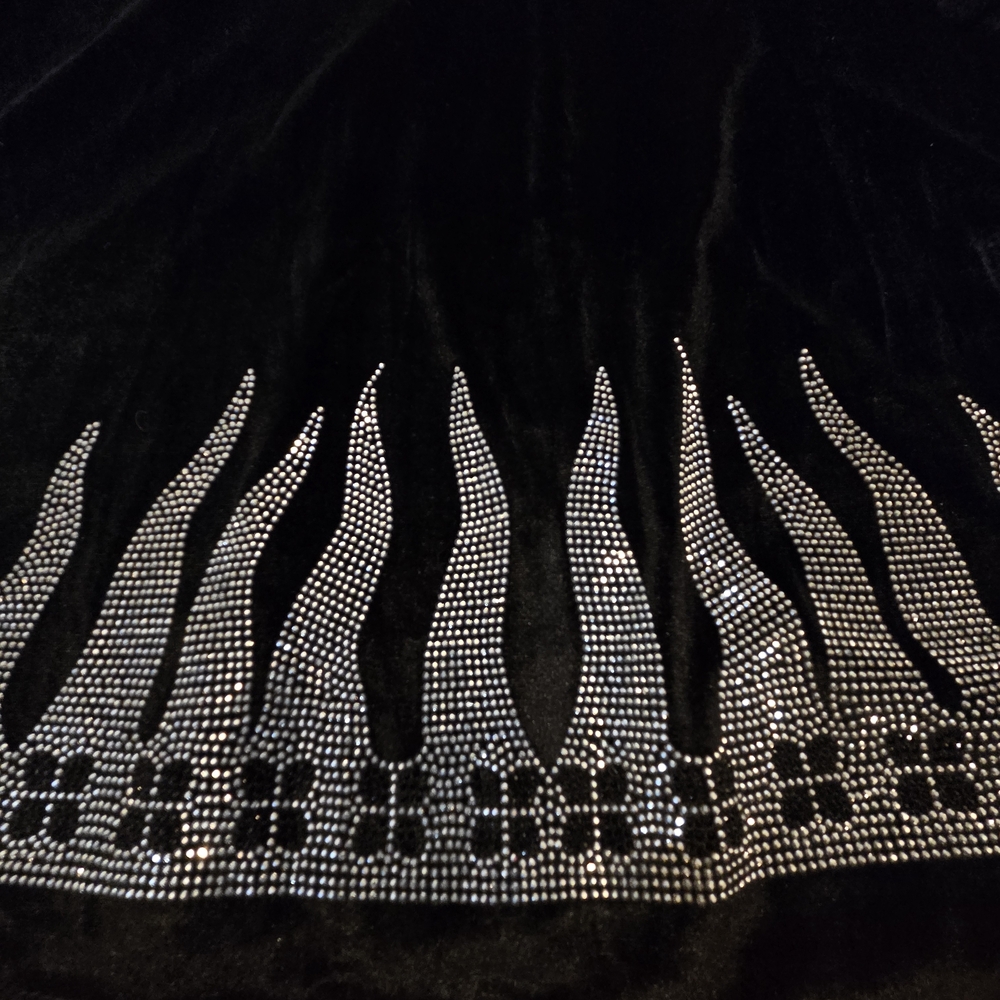 Black Velvet Top with Silver Rhinestone Flames